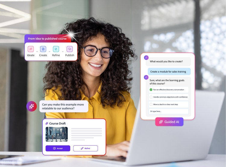 Adobe Content Composer guided AI course creation: ideate, create, refine, publish.