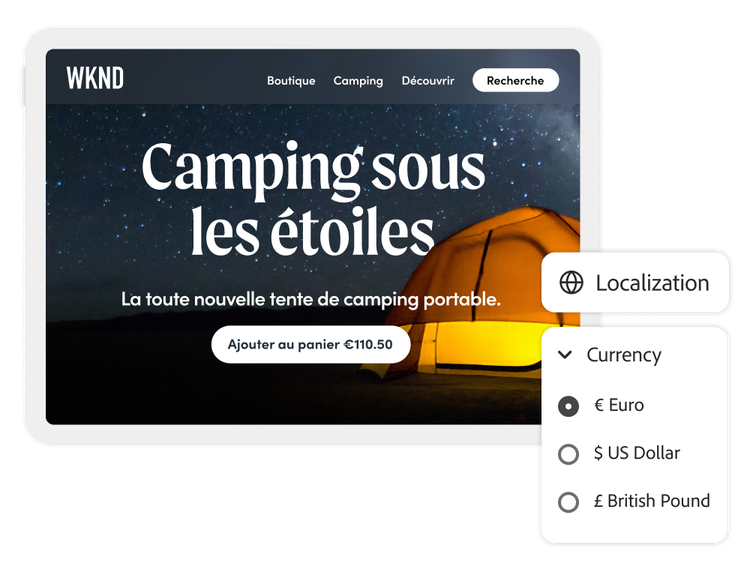 A landing page in French reflecting local currency