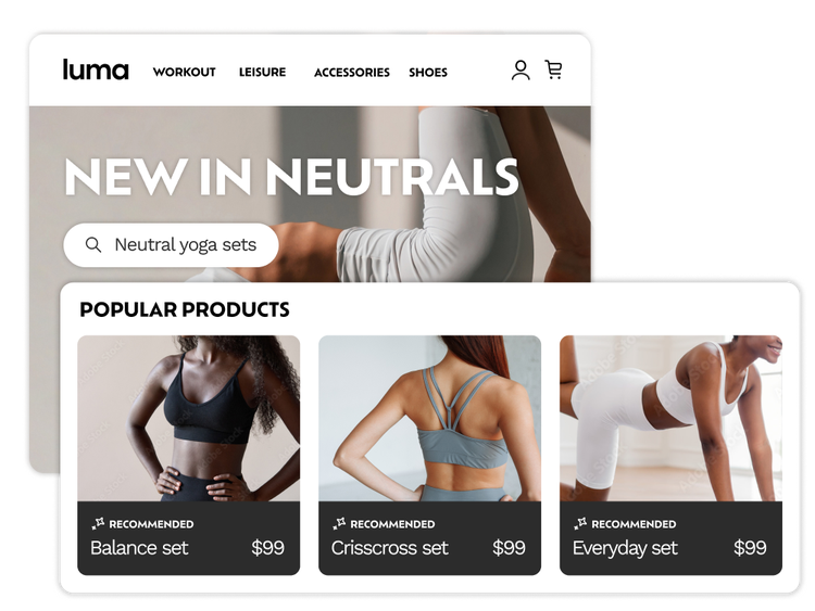 https://main--bacom--adobecom.hlx.page/fragments/products/modal/videos/magento/commerce-personalization/ai-powered-search#ai-powered | Results of a customer search for yoga clothes. | :play-medium: