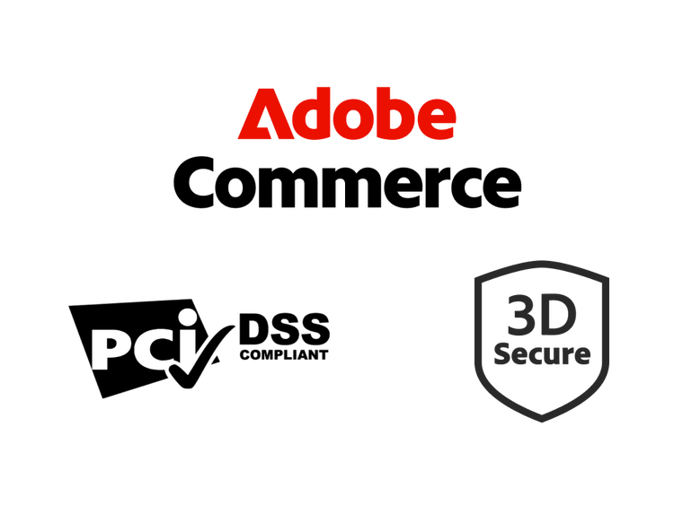 Adobe Commerce logo, PCI DSS logo, 3DS logo