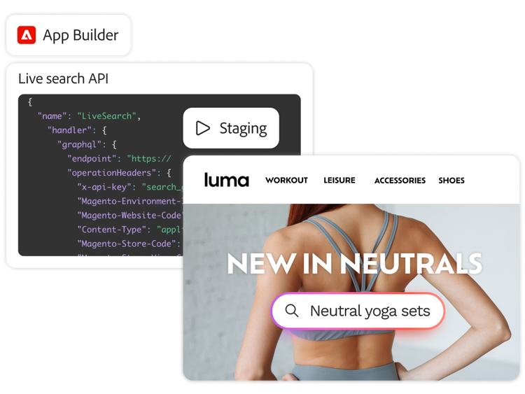 https://main--bacom--adobecom.hlx.page/fragments/products/modal/videos/magento/composable-commerce-platform/api-orchestration#api-orchestration | API code for live search and a webpage preview | :play-medium: