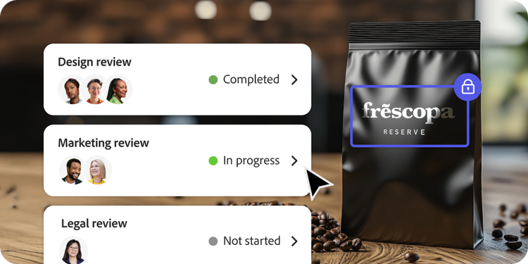 Content approval workflow shown for coffee packaging