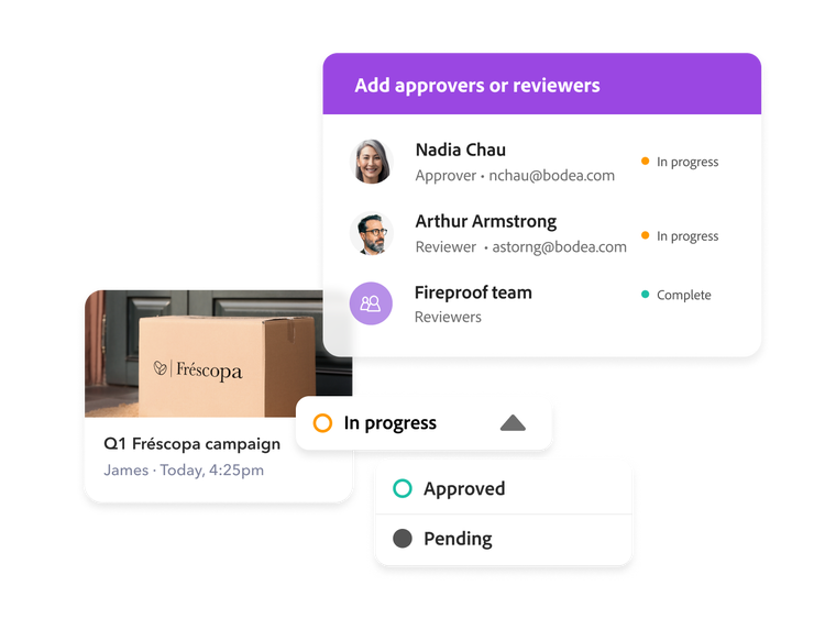 Adobe Workfront example of a campaign detail view, with the project approvers and reviewers, and their respective progress status indications.