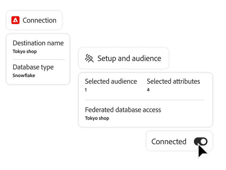Connection setup screen showing Snowflake destination, selected audience and attributes, and a toggle indicating the connection is active.