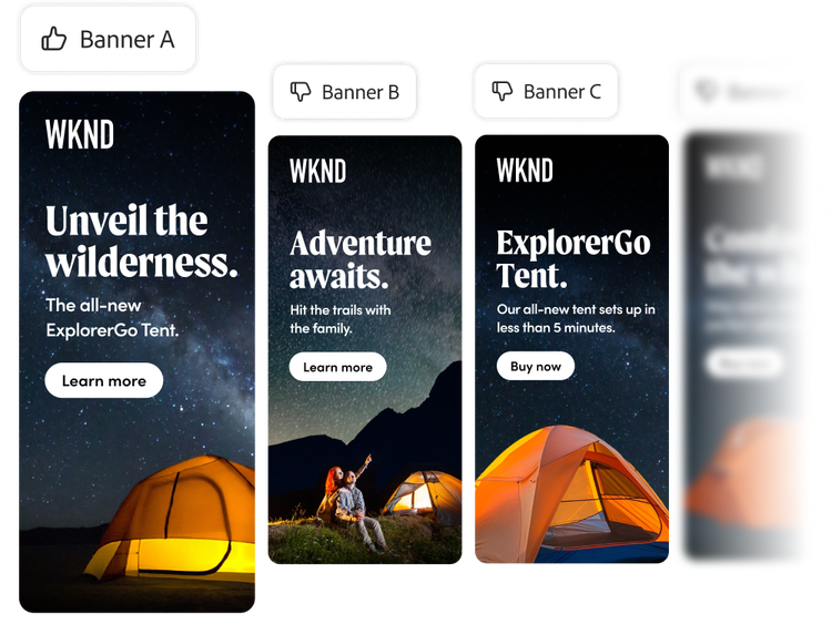 Variations of a banner ad for a tent being tested