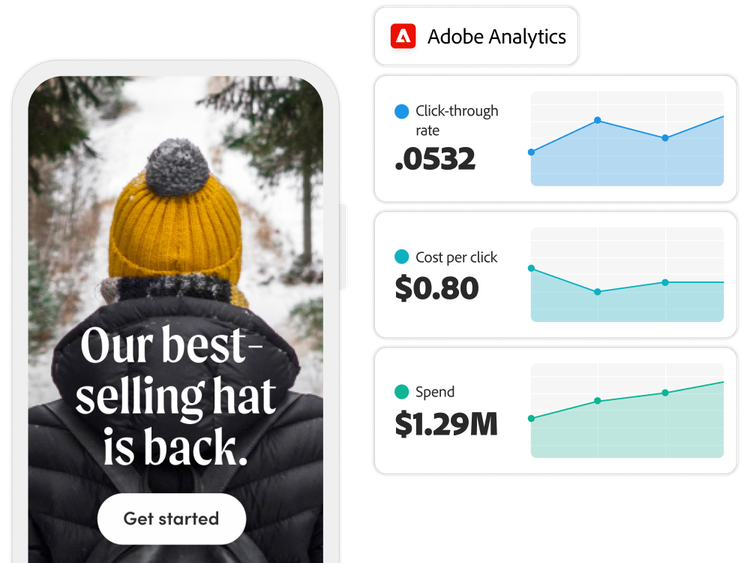 Mobile app welcome screen next to several Adobe Analytics metrics