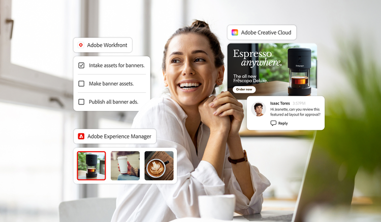 Interface with Adobe Workfront, Acrobat, Experience Manager, and Creative Cloud elements around a smiling user