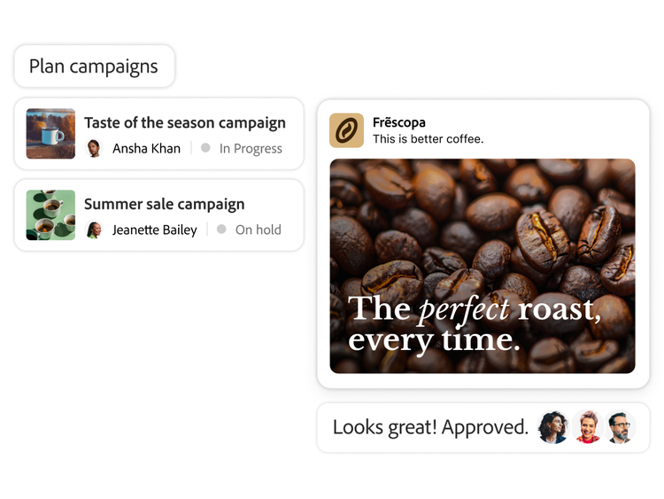 Campaign planner shows statuses and approved creative with team feedback.