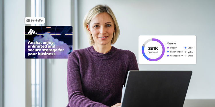 Profissional em uma mesa com sobreposições digitais exibindo uma oferta personalizada e a distribuição de investimentos em marketing nos principais canais.