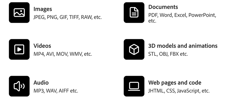Lista categorizada de tipos de arquivos digitais, incluindo imagens, vídeos, áudio, documentos, formatos 3D e código web.