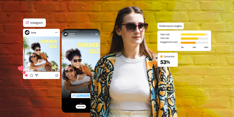 Mulher de óculos escuros em frente a uma parede de tijolos amarelos com degradê, ao lado de visuais de telas com dados de marketing no Instagram.