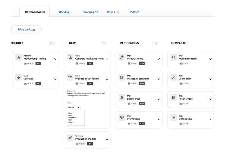 Quadro Kanban com projetos organizados por fase, incluindo kickoff, novo, em andamento e concluído.