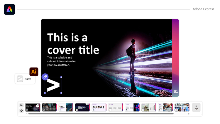 Interface do Adobe Express exibindo um slide de capa de apresentação. O slide apresenta um título em negrito e branco com o texto 'This is a cover title,' e um subtítulo abaixo. À direita, uma figura em silhueta com uma mochila está sobre um chão refletivo, cercada por trilhas de luz neon. Um arquivo de logotipo (“logo.ai”) está sendo adicionado ao slide. Na parte inferior, uma linha do tempo com vários slides é exibida para navegação e edição.