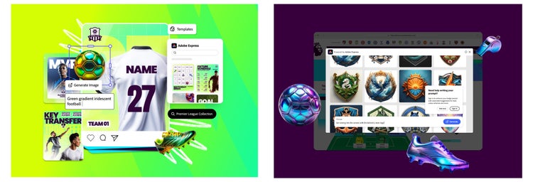 Crie momentos do dia de jogo com modelos da Premier League no Adobe Express. Os fãs do Fantasy Premier League também podem criar emblemas de times personalizados com o Adobe Express.