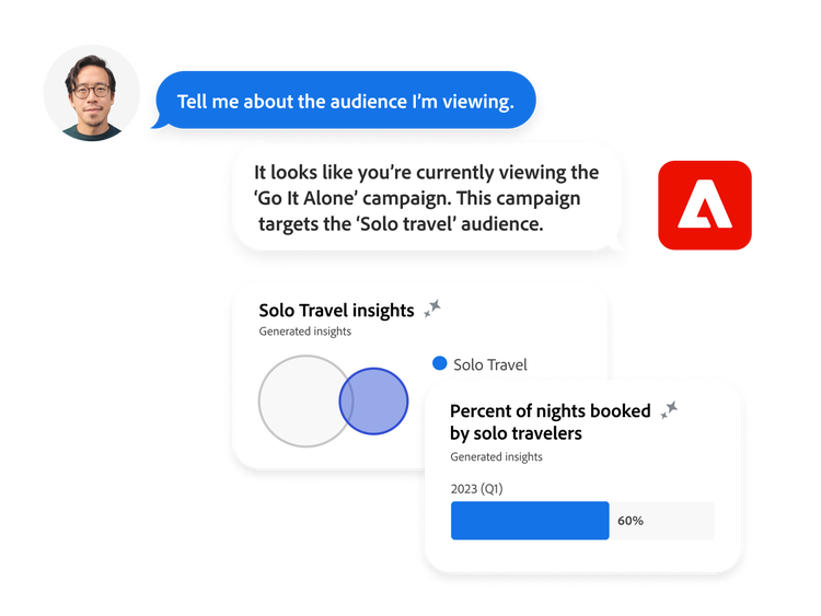 Graphic showing how customers can interact with AI chat to get insights on data views. In this example the user requests "Tell me about the audience I'm viewing" and the AI Assistant replies with "It looks like you're currently viewing the 'Go It Alone' campaign. This campaign targets the 'Solo travel' audience" and follows up with addition insight views for the segment.