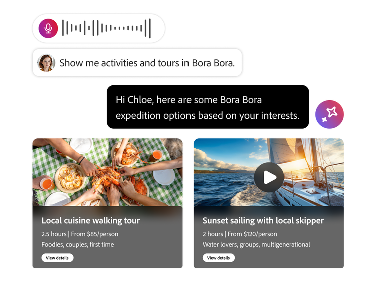 Tela personalizada de reserva de viagem mostrando opções de expedição para Barcelona, incluindo um tour de caminhada e uma aventura de vela, com mensagem de confirmação para duas atividades reservadas.