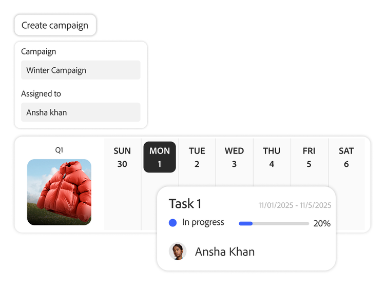 Calendário do Adobe Campaign mostrando uma tarefa de campanha de jaqueta acolchoada atribuída a Ansha Khan, com 20% de progresso acompanhado.