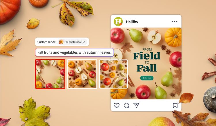 Um conjunto de fotos de frutas da estação é gerado como plano de fundo para uma publicação nas redes sociais