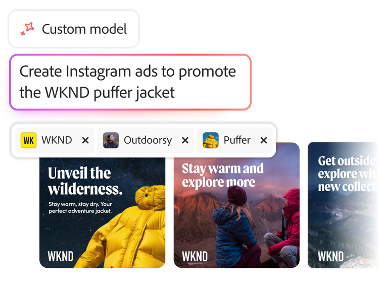 IA generativa sendo usada para criar imagens consistentes com a marca para anúncios de vestuário para atividades ao ar livre
