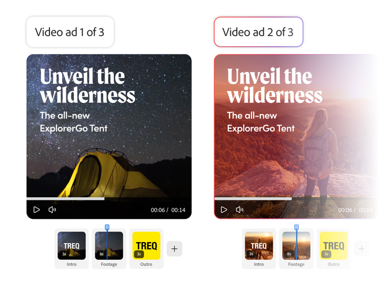 https://main--da-bacom--adobecom.aem.page/assets/videos/products/genstudio/peformance-marketing/media_156784170e9845ae00531761864b9fdd8a5e3cce4.mp4#autoplay1 | Dois anúncios em vídeo gerados exibidos de uma marca outdoor.