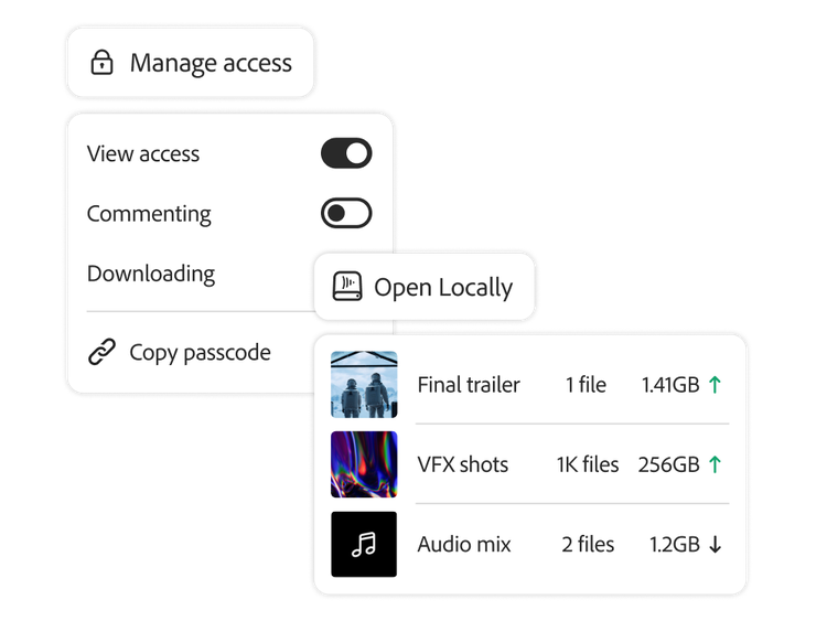 O menu Gerenciar acesso mostra os status de transferência de três arquivos do Frame.io.