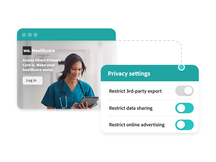 Site de serviços de saúde com configurações de privacidade selecionadas