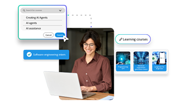 Mulher usando IA e agentes no Learning Manager para melhorar a experiência de aprendizagem.