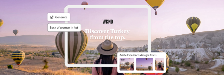 Anúncio de viagem criado usando IA generativa e o Adobe Experience Manager Assets, solicitando a imagem de uma mulher viajando para a Turquia.
