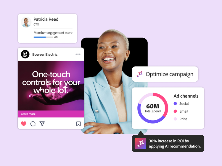 Foto de perfil de uma mulher sorridente ao lado de elementos visuais de dados e insights de campanha, contra um fundo lavanda.