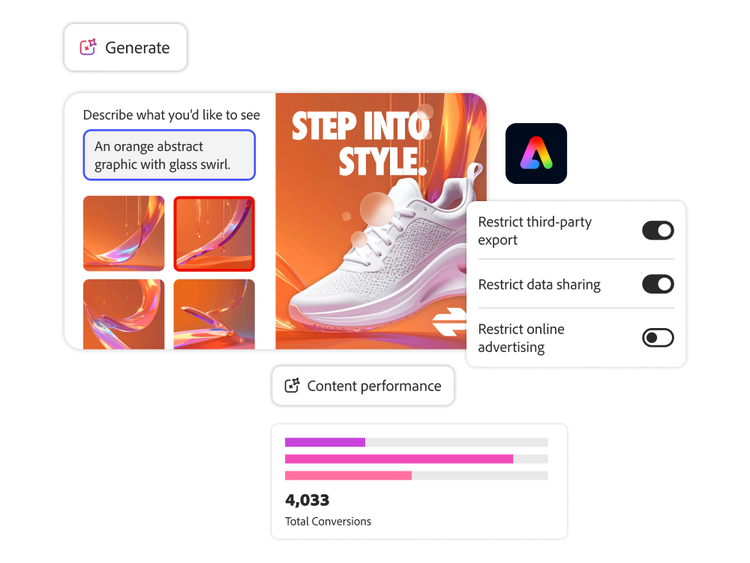 Trechos de pop-ups em aplicativos Adobe apresentando recursos e controles de IA.