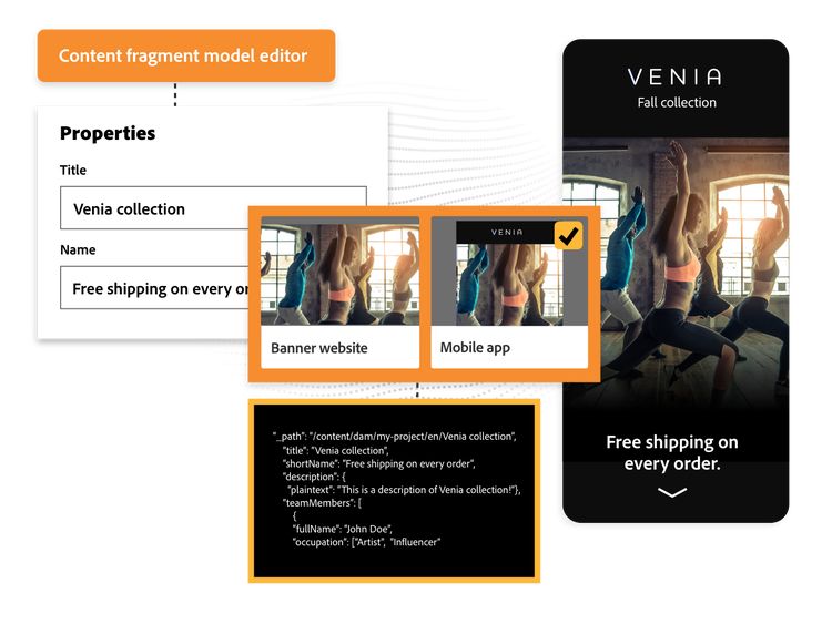 The content fragment editor, the channels available for update, and a resulting mobile experience for a fitness website