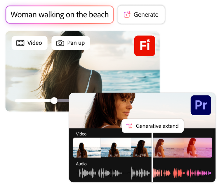 A generated image in Firefly of a woman walking on the beach and a video frame in Adobe Premier Pro showing the Generative Extend feature.