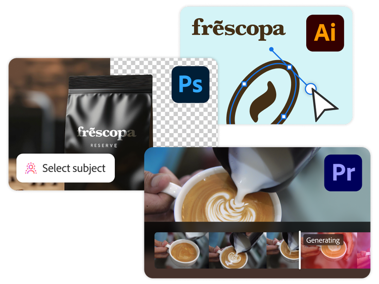 Design elements for a coffee brand shown in Adobe Illustrator, Adobe Photoshop, and Adobe Premiere Pro.