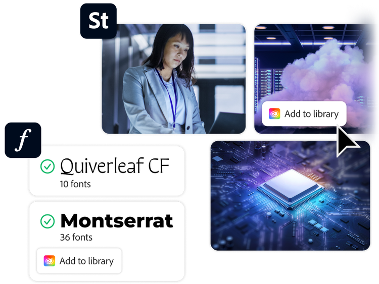 Fonts and photos with a cursor overlayed on a button to add them to an asset library in the Adobe Creative Cloud.