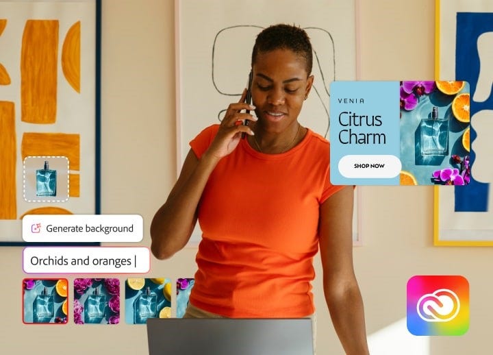 A creative professional talking on the phone overlayed with AI-generated perfume ads and a prompt to generate a background of orchids and oranges.