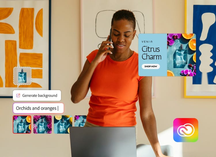 A creative professional talking on the phone overlayed with AI-generated perfume ads and a prompt to generate a background of orchids and oranges.