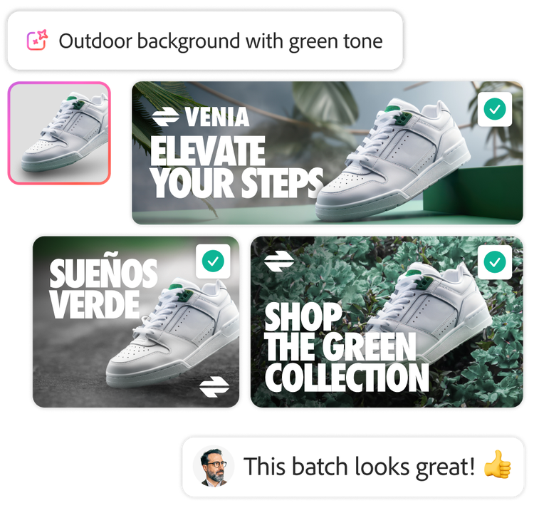 Three images of a white sneaker with various backgrounds generated from a prompt to create an outdoor background with a green tone overlayed with a coworker’s positive review comment.
