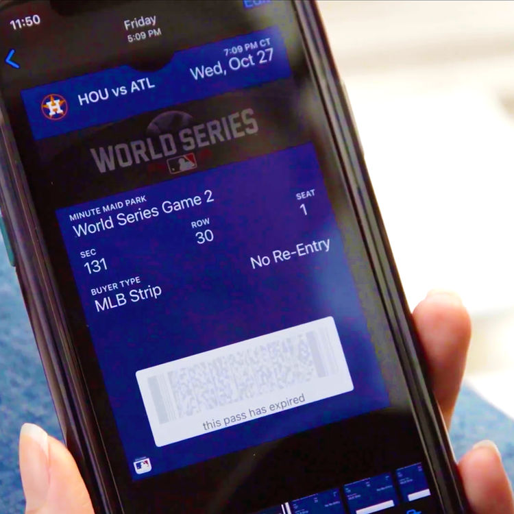 Person viewing thier Major League Baseball ticket on thier call phone