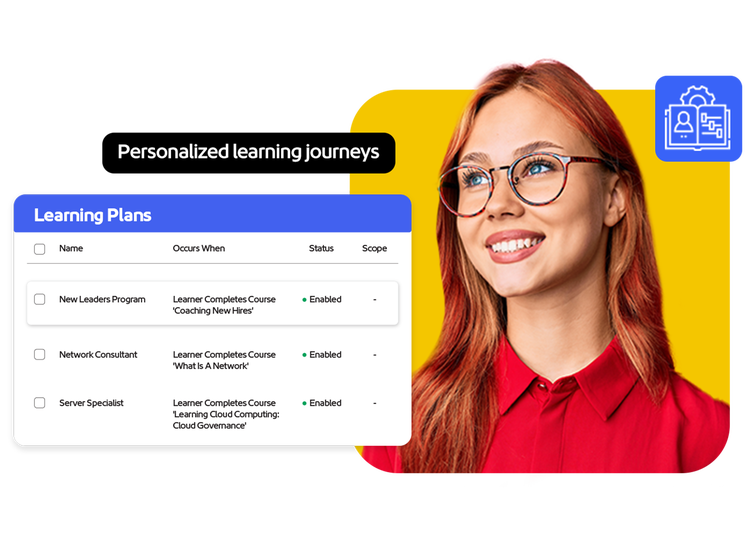 Woman made happy by the personalized learning journeys she experiences in Learning Manager.