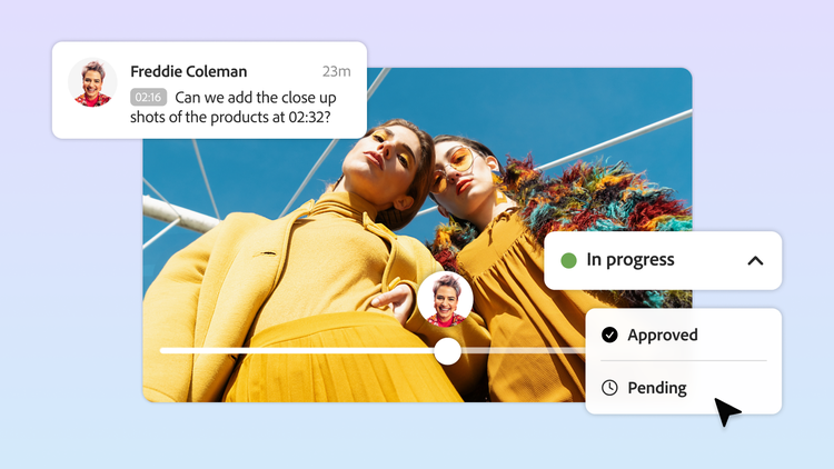 Creative review interface showing annotated visual, team feedback, and status update from in progress to approved.