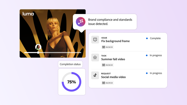 Brand compliance alert on video asset with tasks, issue tracking, and completion status at 75%.