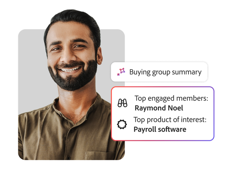 A marketer reviews a buying group summary highlighting top engaged members and key products of interest.