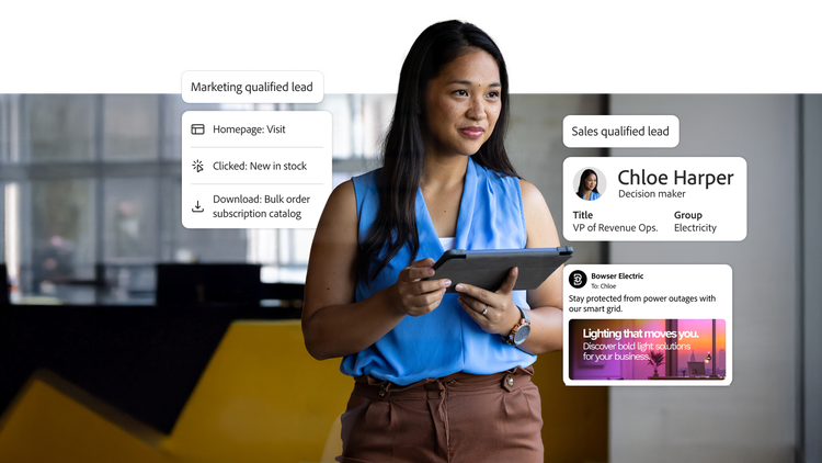 A marketer analyzes a lead profile showing marketing and sales qualified lead, website activity, and engagement data.