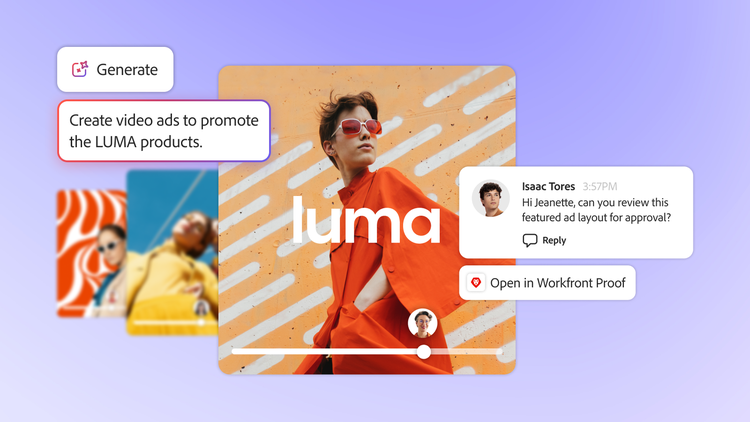 Generate interface showing prompt to create video ads, ad preview, and review comment requesting approval.
