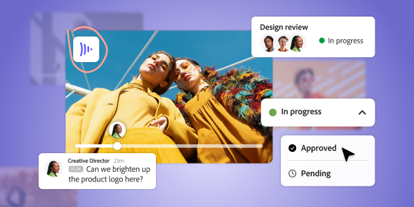 Creative review interface showing annotated visual, team feedback, and status update from ‘in progress’ to ‘approved’.