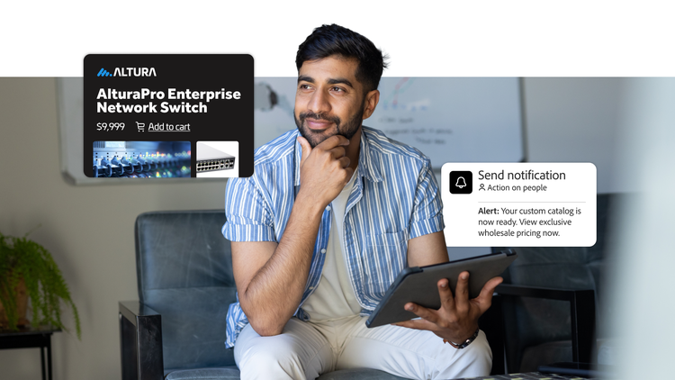 A professional reviews a personalized product alert and catalog notification for an AlturaPro Enterprise Network Switch on a tablet.