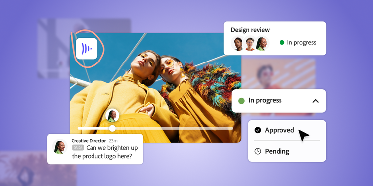 Creative review interface showing annotated visual, team feedback, and status update from ‘in progress’ to ‘approved’.