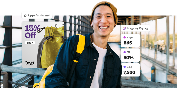 Image showing campaign performance data for a top-performing ad offering 15% off a dry bag, with engagement metrics like clicks and CTR.