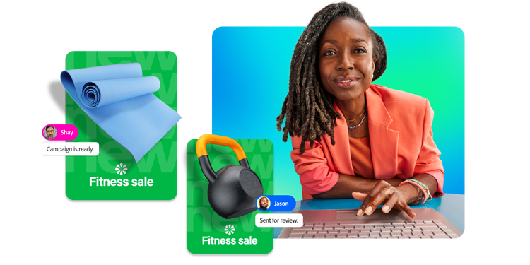 Woman in a coral blazer working at a laptop, with fitness sale graphics showing a yoga mat and kettlebell, and chat bubbles indicating campaign and review progress.