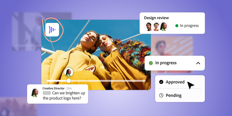 Creative review interface showing annotated visual, team feedback, and status update from ‘in progress’ to ‘approved’.